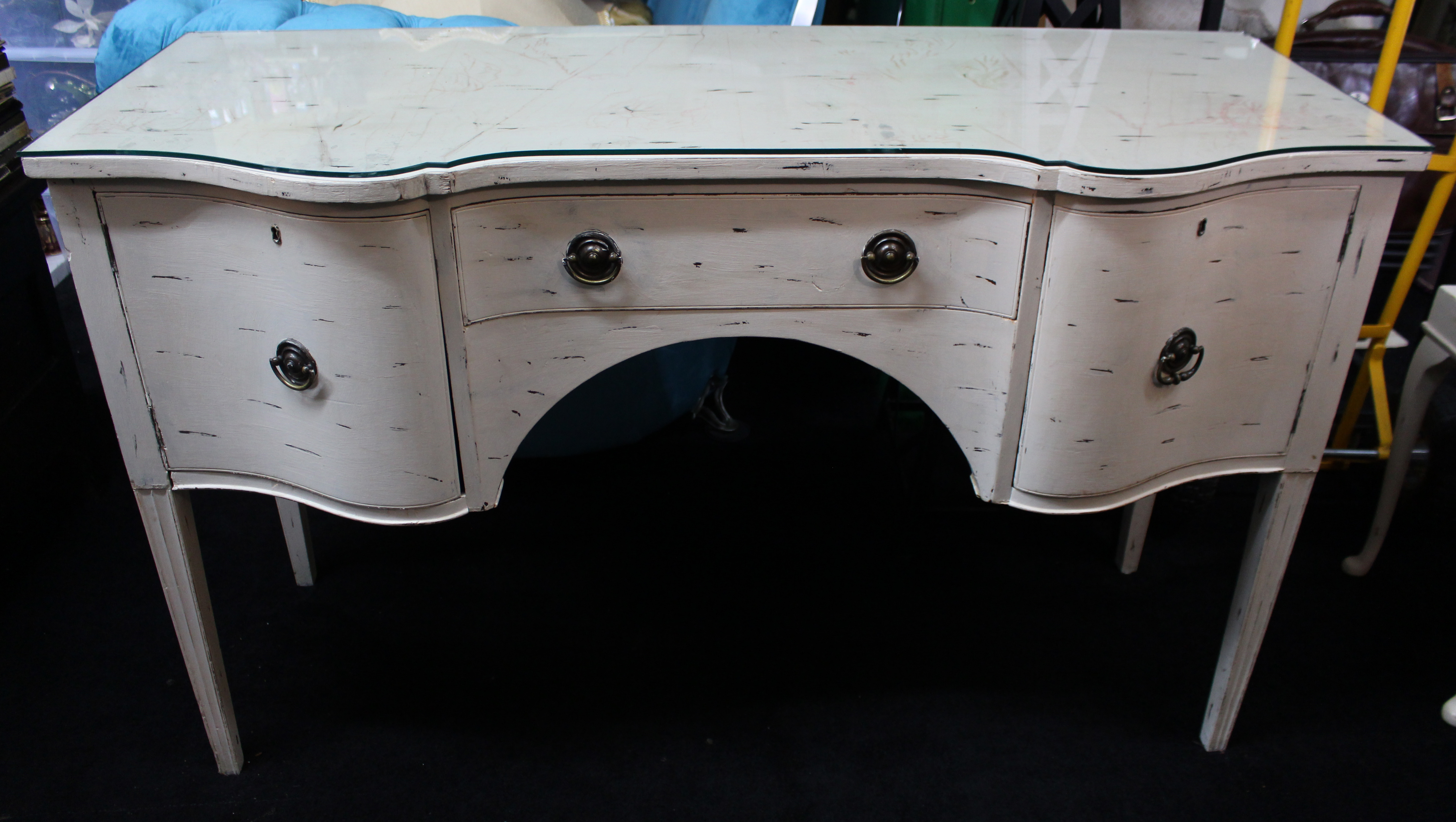 Vintage Painted Dressing Table with Stool – Distressed Cream Finish, Glass Top