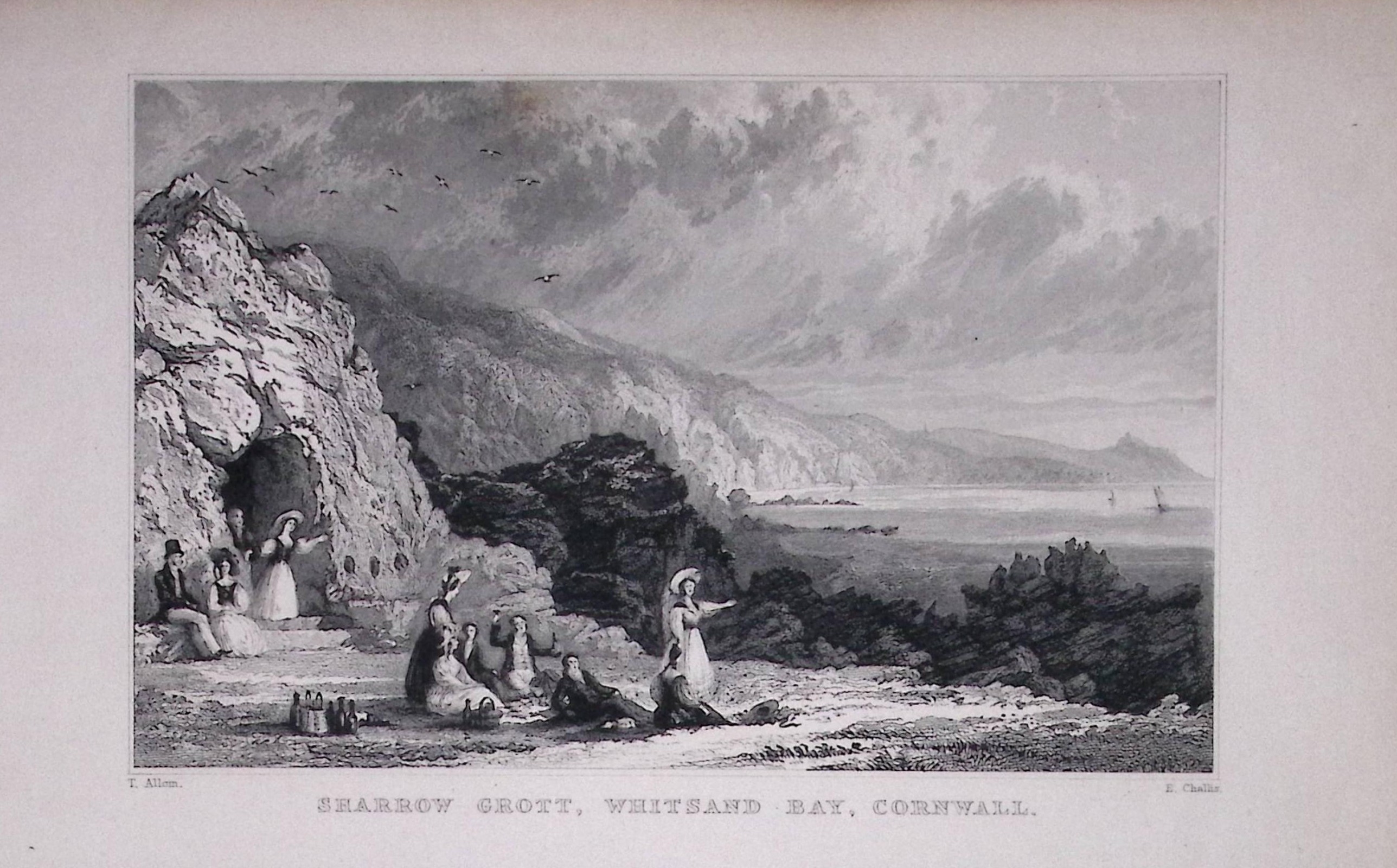 Cornwall Sharrow Grott, Whitsand Bay Antique 193 Years-Old Steel-Engraving-43