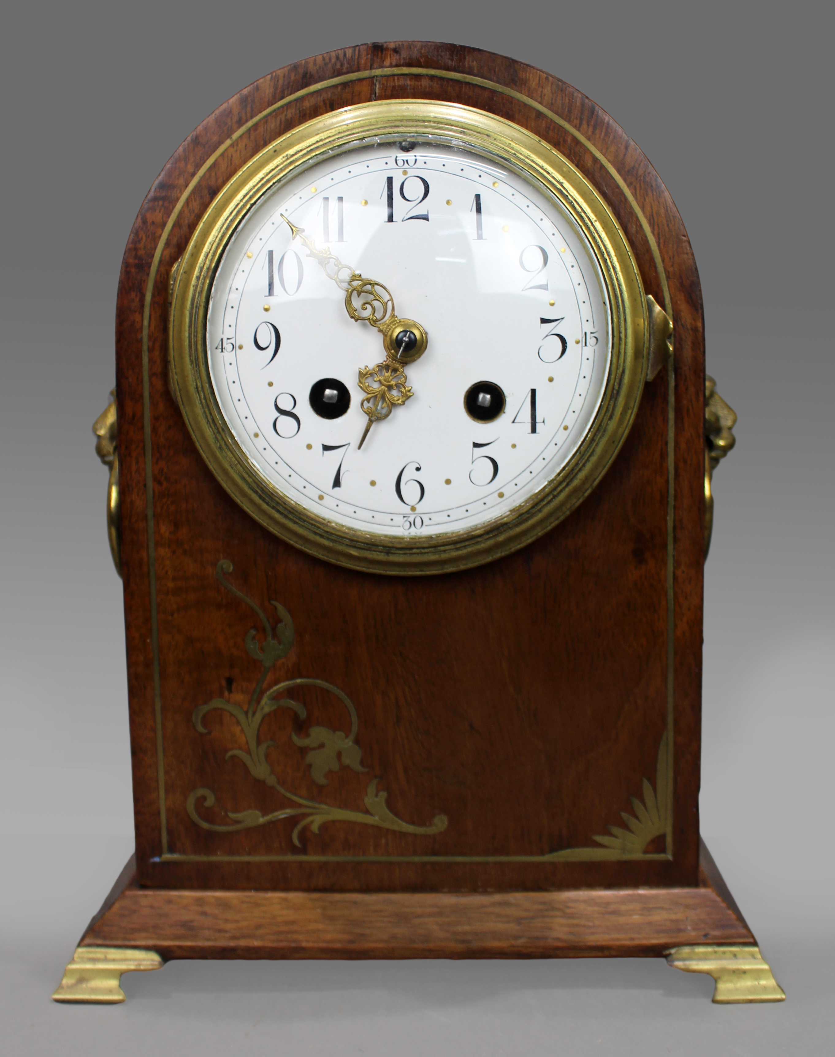 Antique French Mahogany & Brass Inlaid Mantel Clock by Marti c.1900