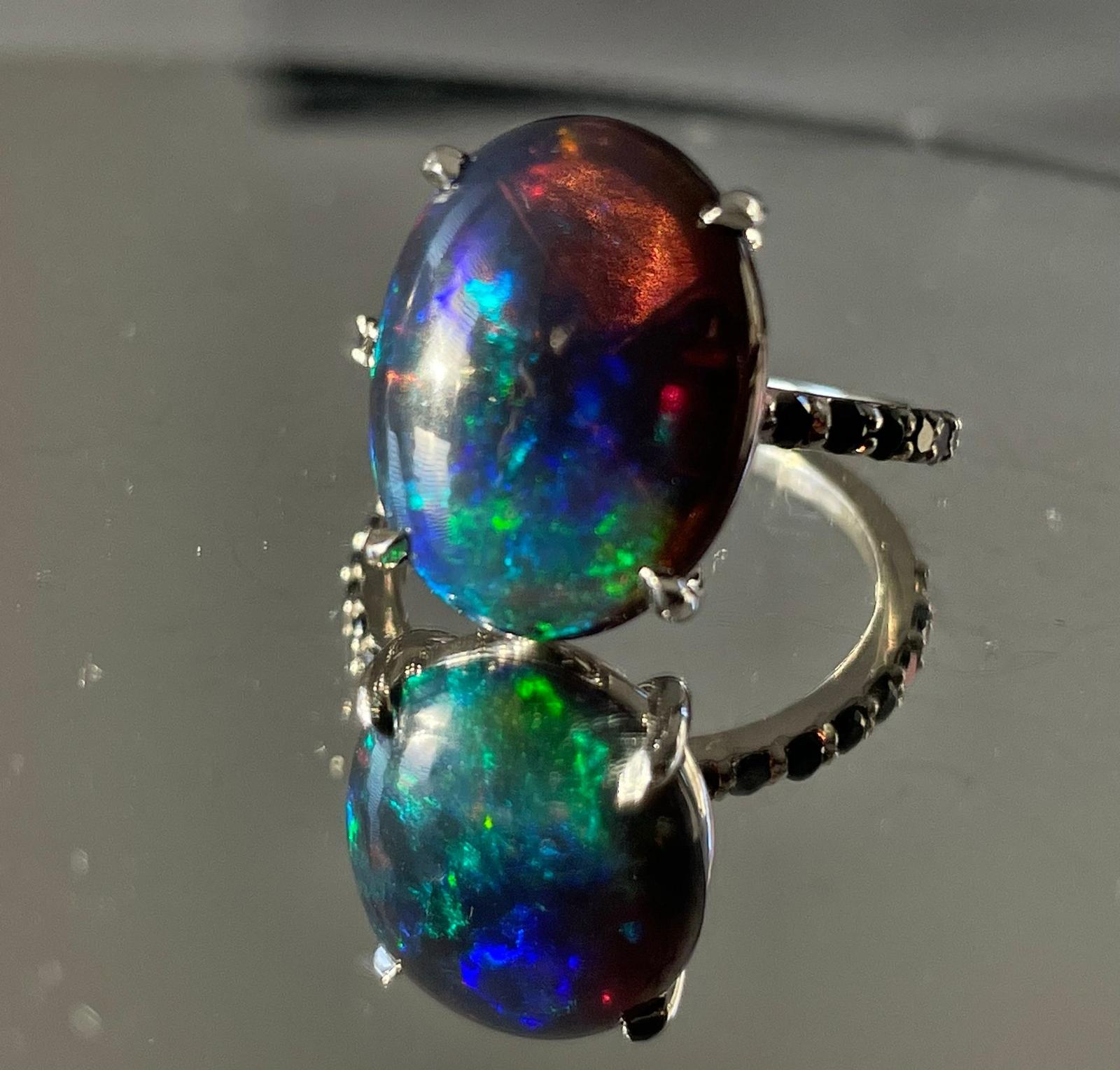 Beautiful 5.22 CT Natural Black Opal Ring With Natural Black Diamond & 18k Gold