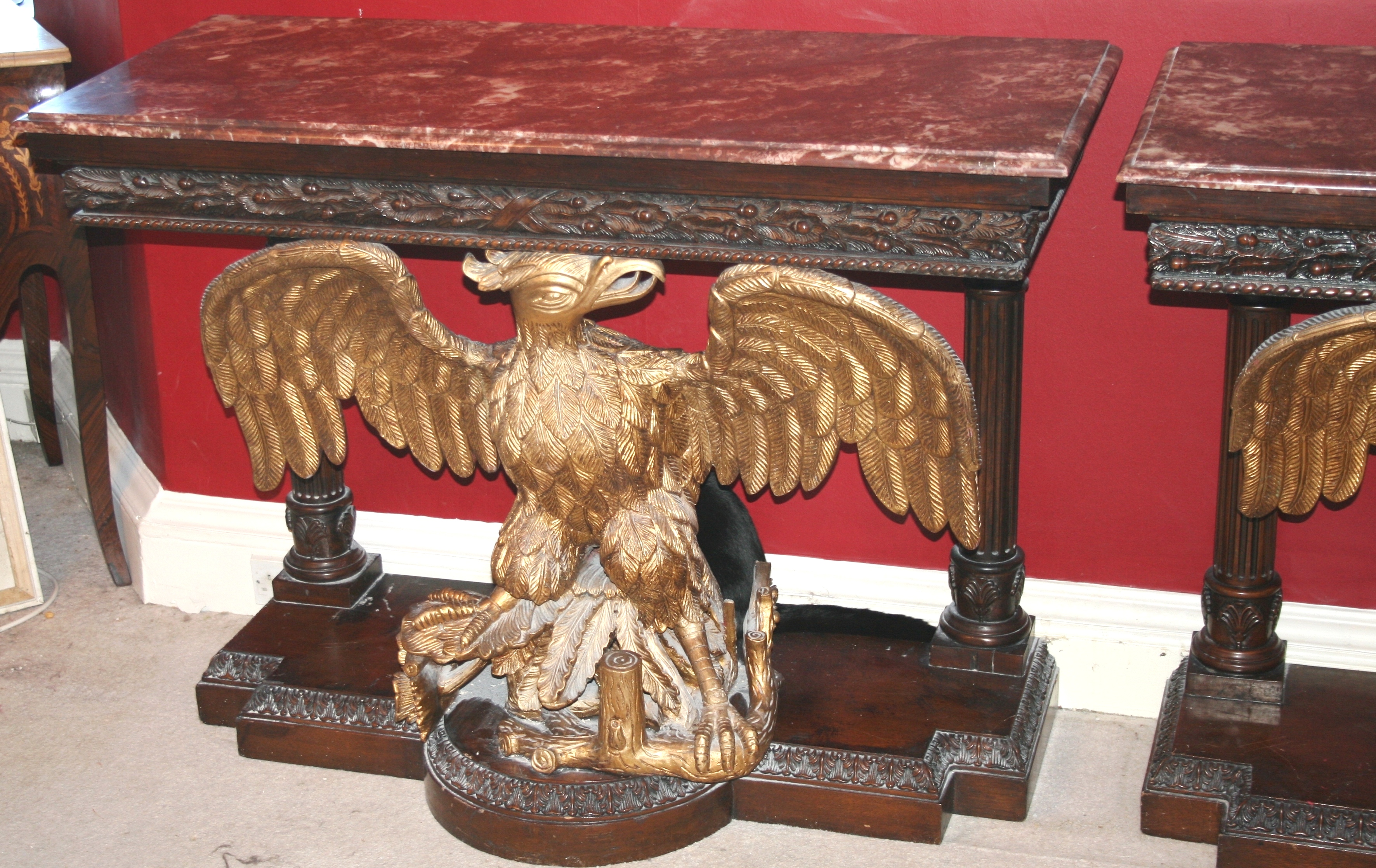 Pair of Marble Topped Mahogany & Giltwood Eagle Console Tables