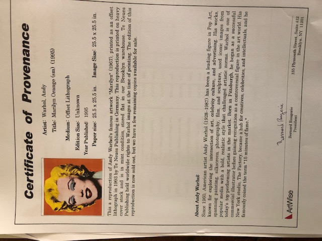Andy Warhol 'Marilyn Orange' Certificate of Provenance  1995
