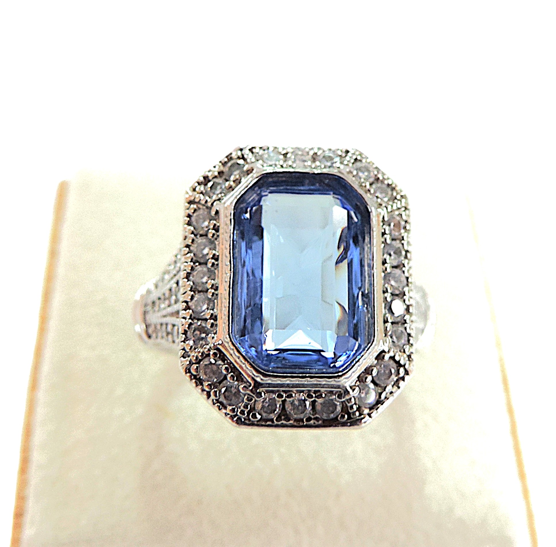 Art Deco Style Blue & White Zircon Cocktail Ring