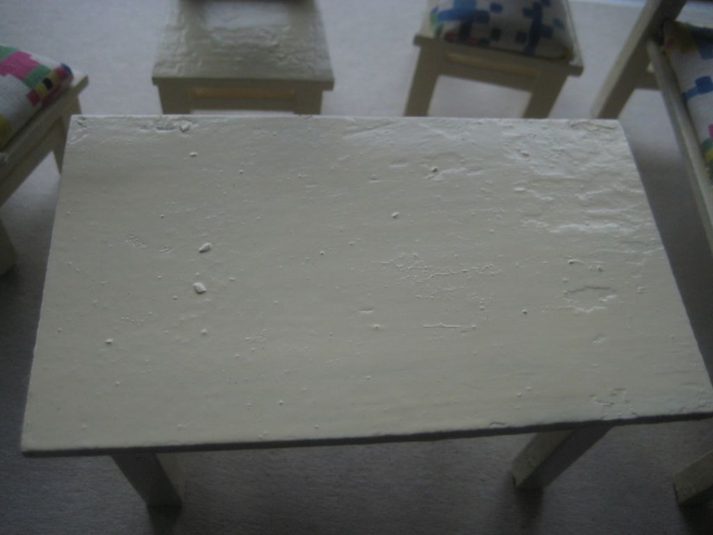 Vintage Dolls House Wooden Table, Settee Chair, and Three Chairs