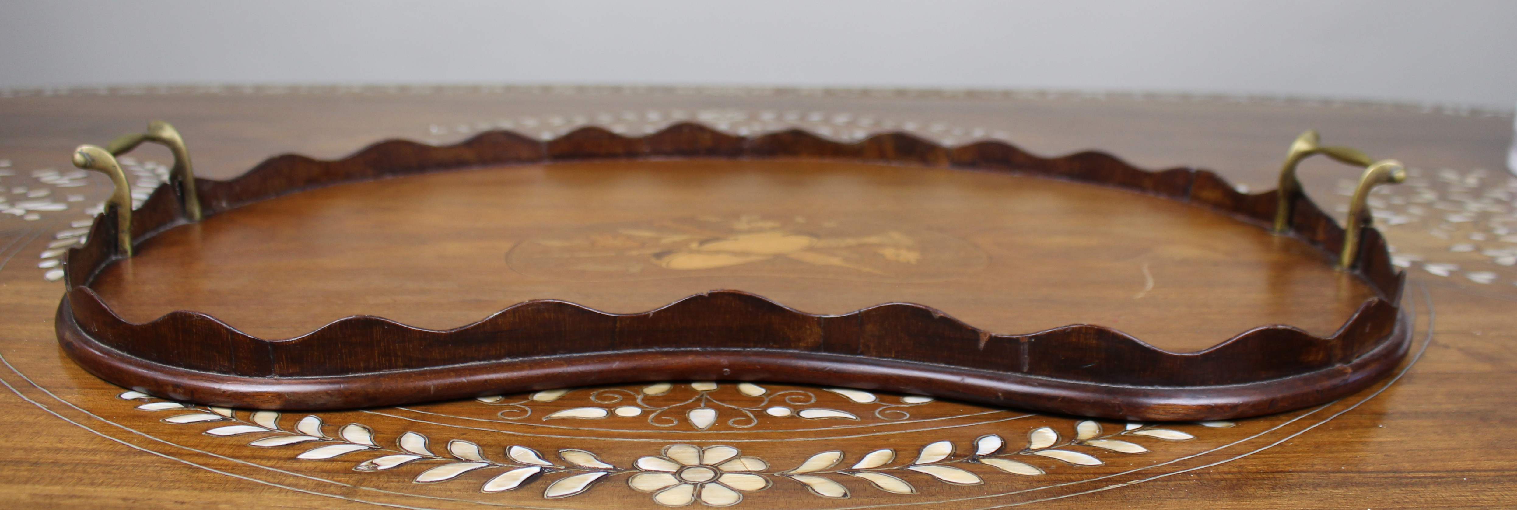 Antique Inlaid Wooden Tray with Brass Handles