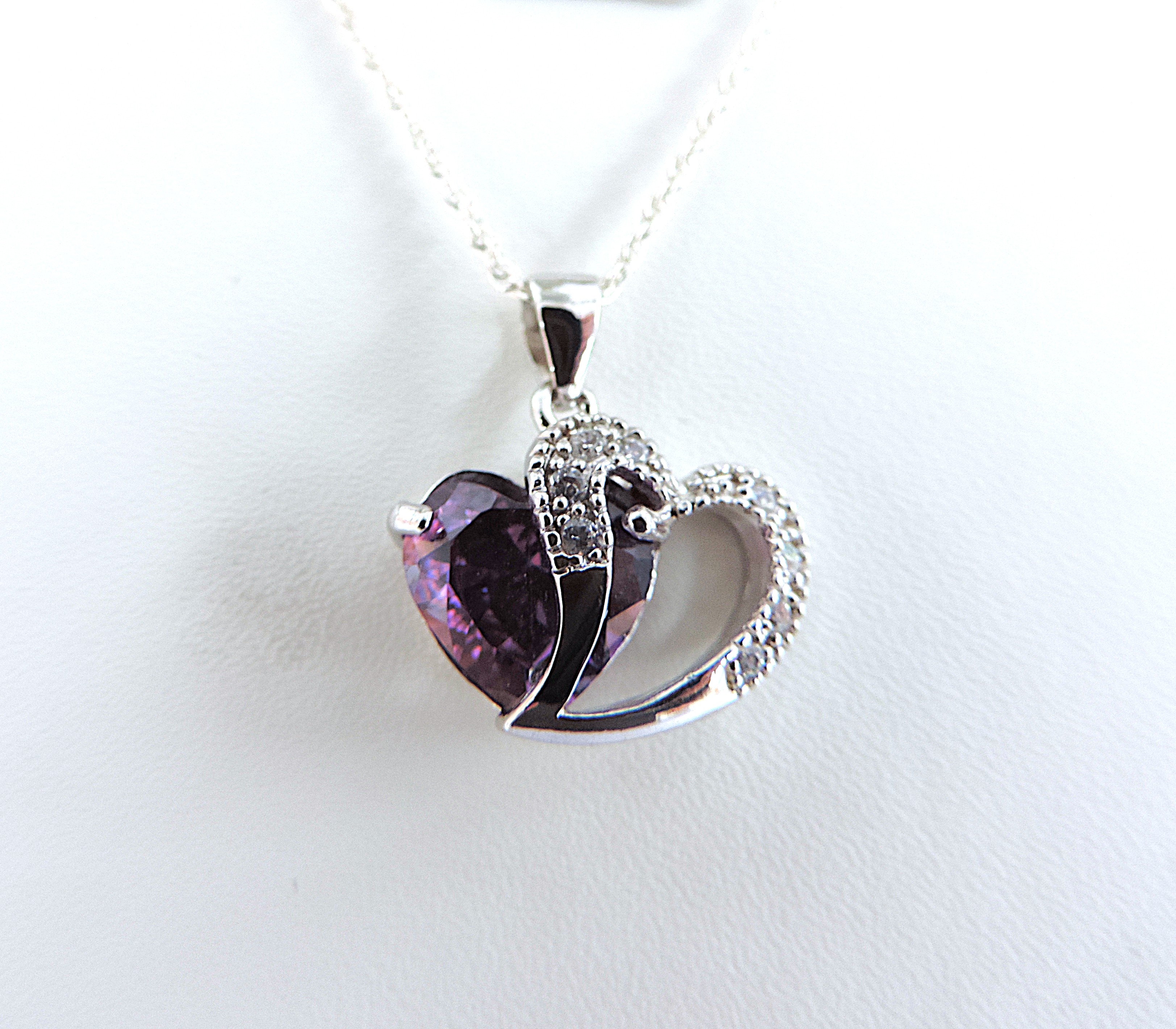 925 Silver Amethyst & Diamond Heart Pendant Necklace
