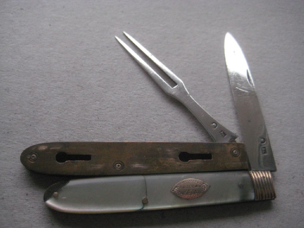 Rare George III Gold Mounted Slotting Silver Bladed Folding Fruit Knife and Folding Fork