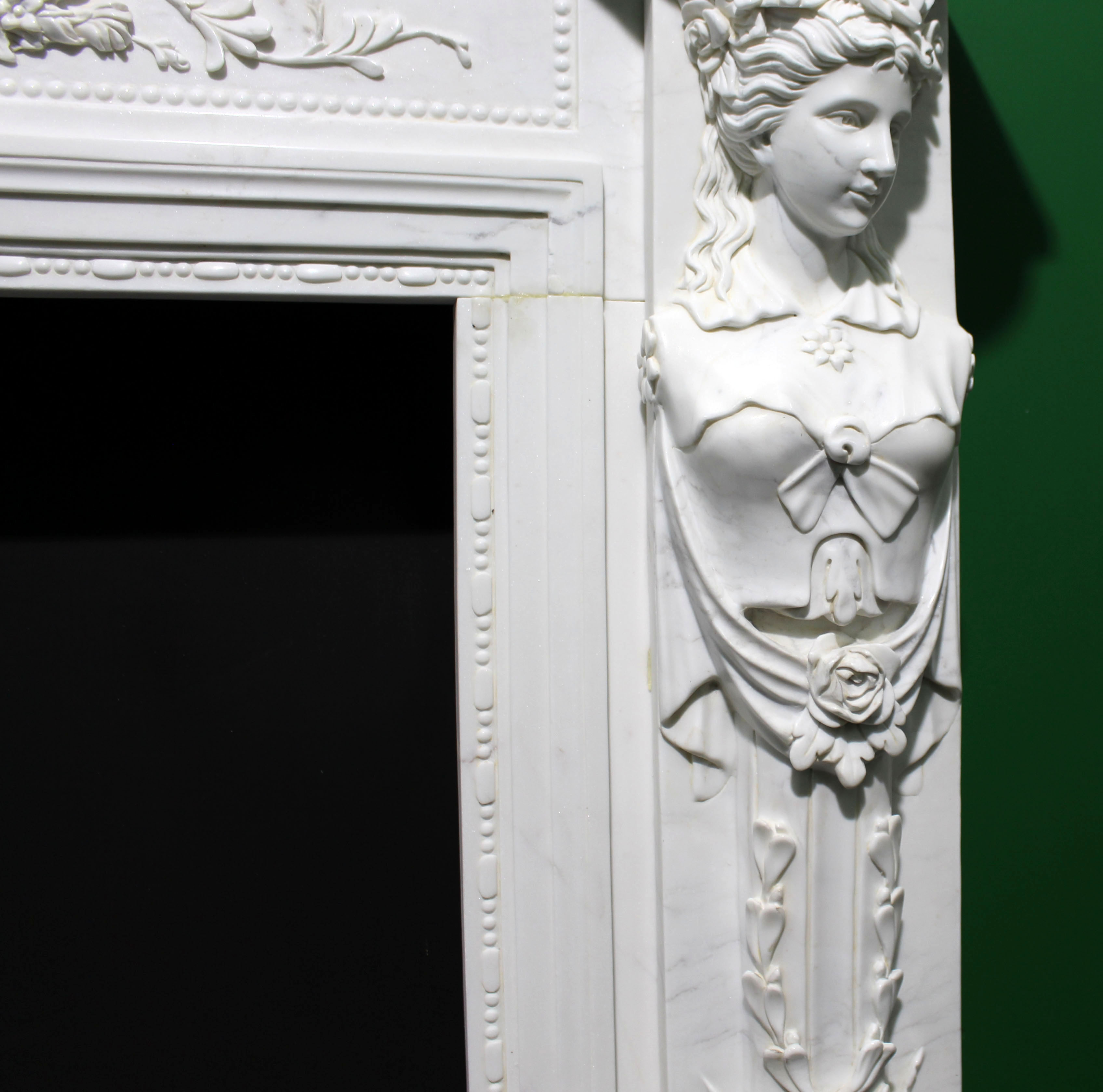 Fine Louis XVI Style Carved White Marble Fireplace Surround with Caryatid Figures