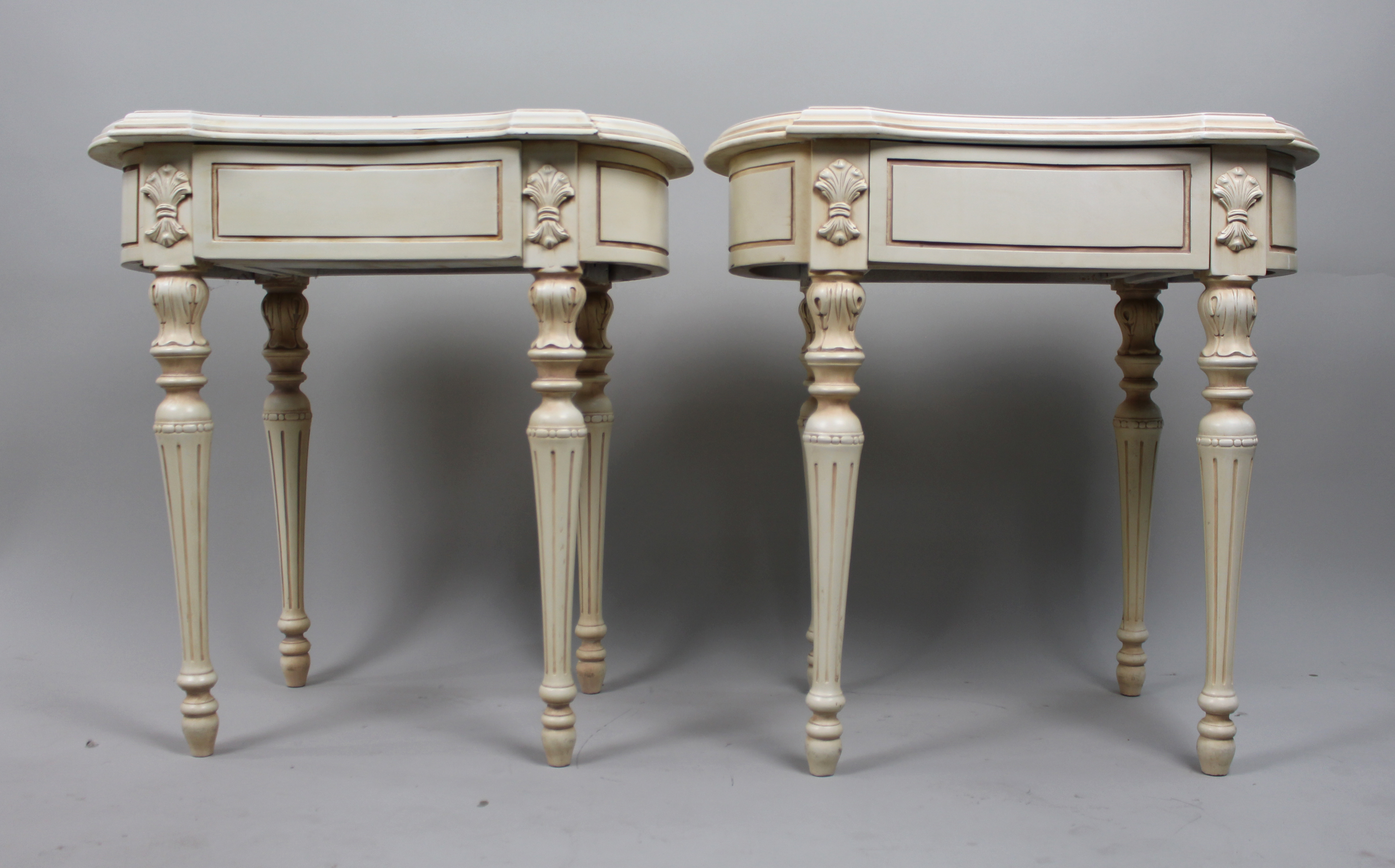 Pair of Cream Decapé Console Tables with Drawers