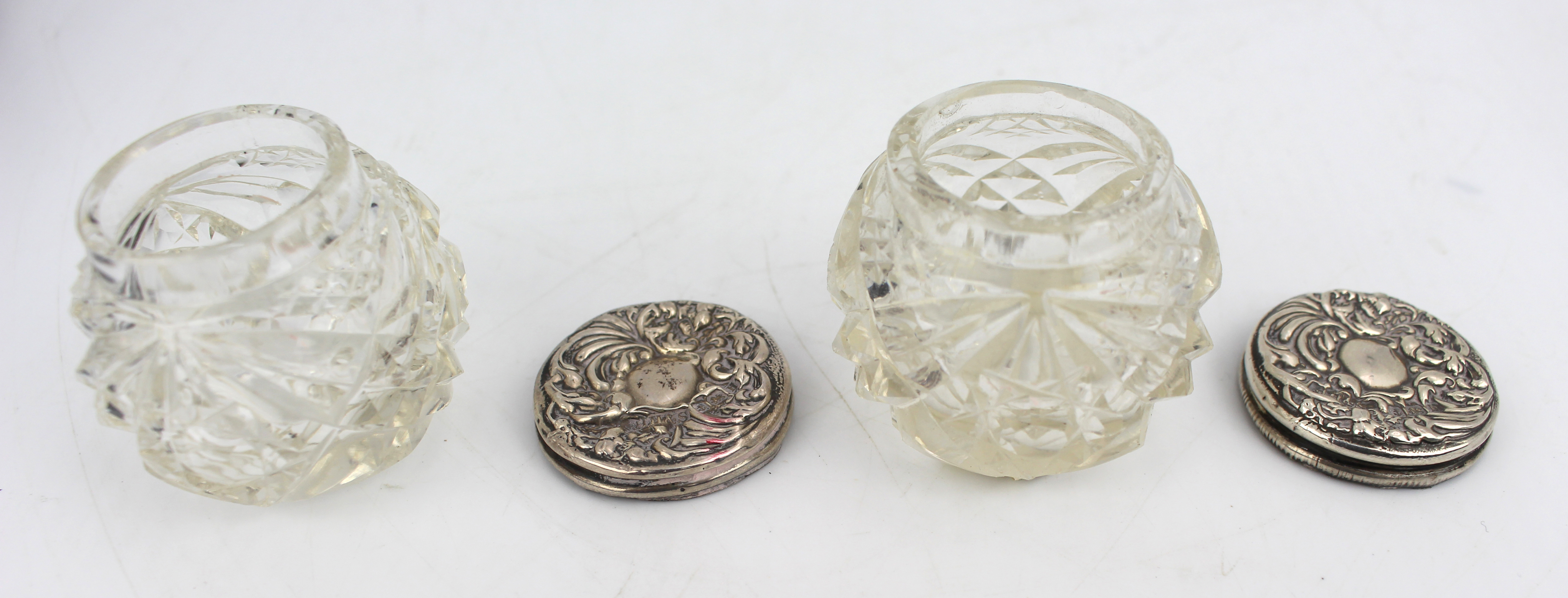 Pair of Cut Glass Silver Topped Pots Birmingham 1907 Henry Hobson