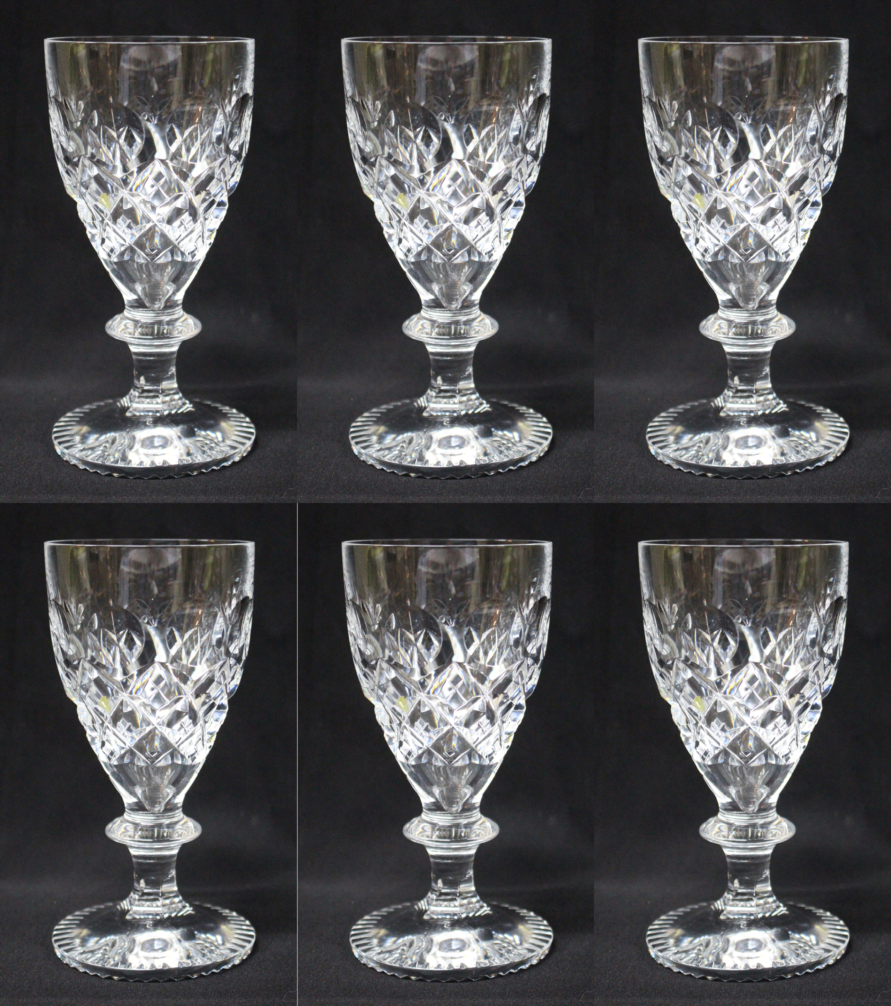 Set of 6 Heavy Cut Glass English Wine Glasses