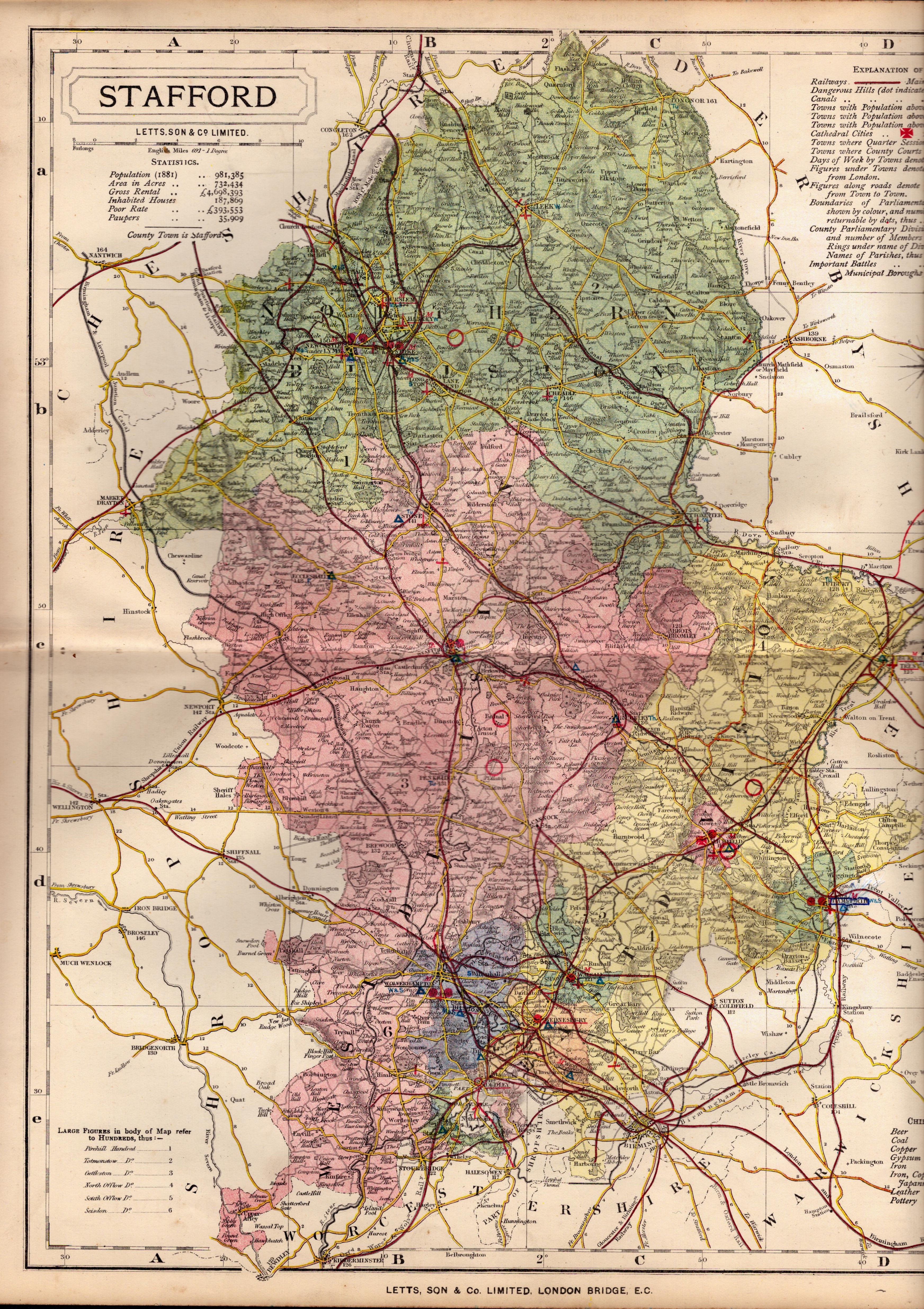 County of Staffordshire Large Victorian Letts 1884 Antique Coloured Map.