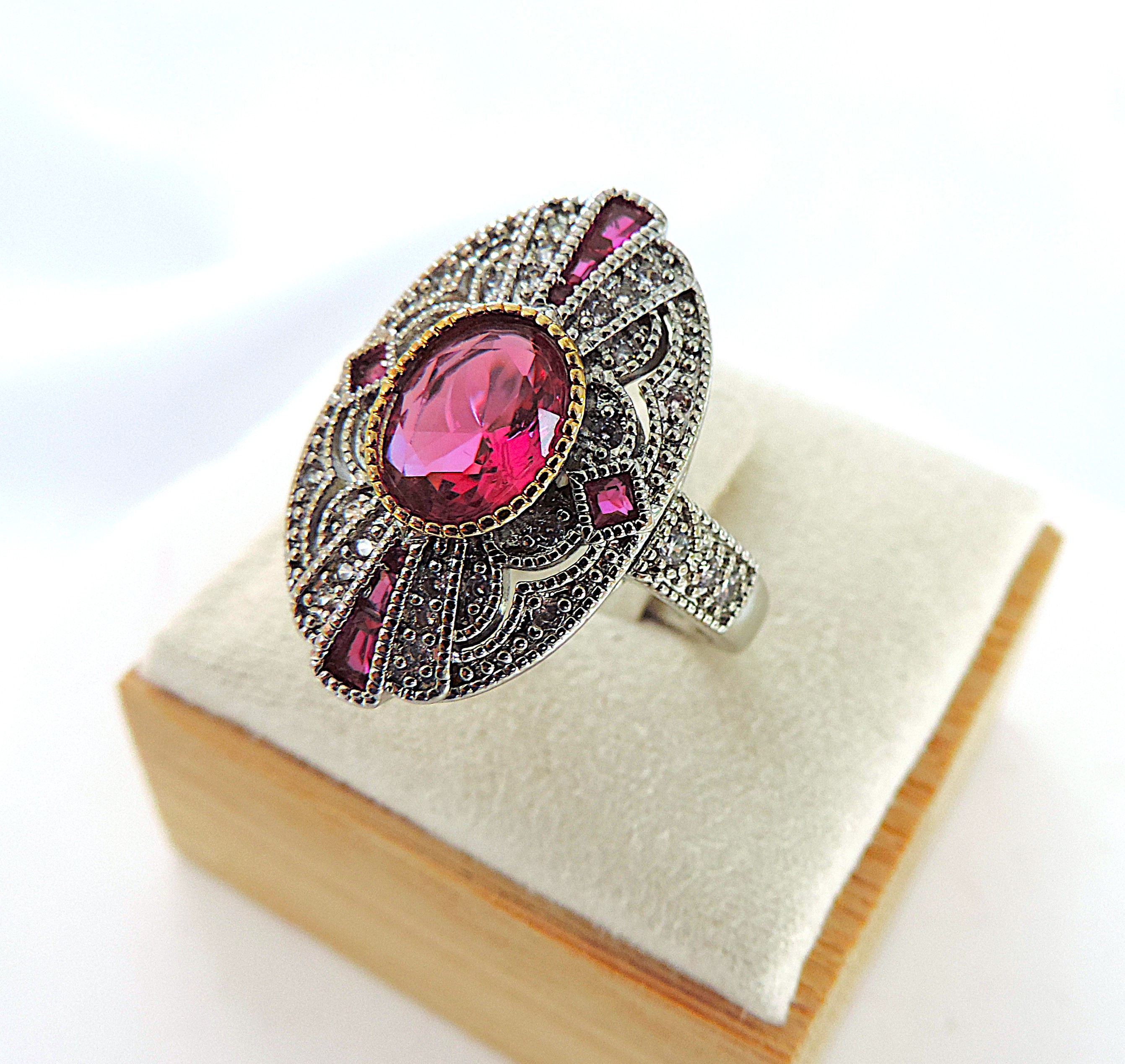 Art Deco Style Red & White Gemstone Ring