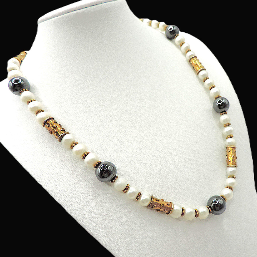 Akoya Cultured Pearl Necklace Gold On Silver Beads & Clasp