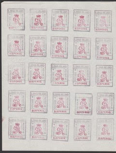 LONG ISLAND 1916 6d ESSAY, the frame in black, the arms and value in red, in a complete sheet of 25
