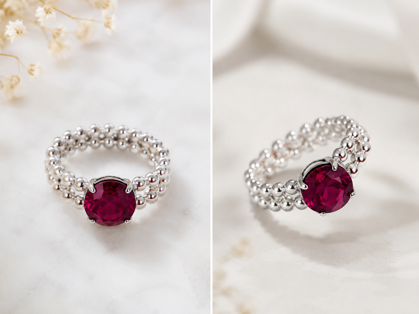 Handmade 925 Sterling Silver Beaded Ring With Ruby Corundum