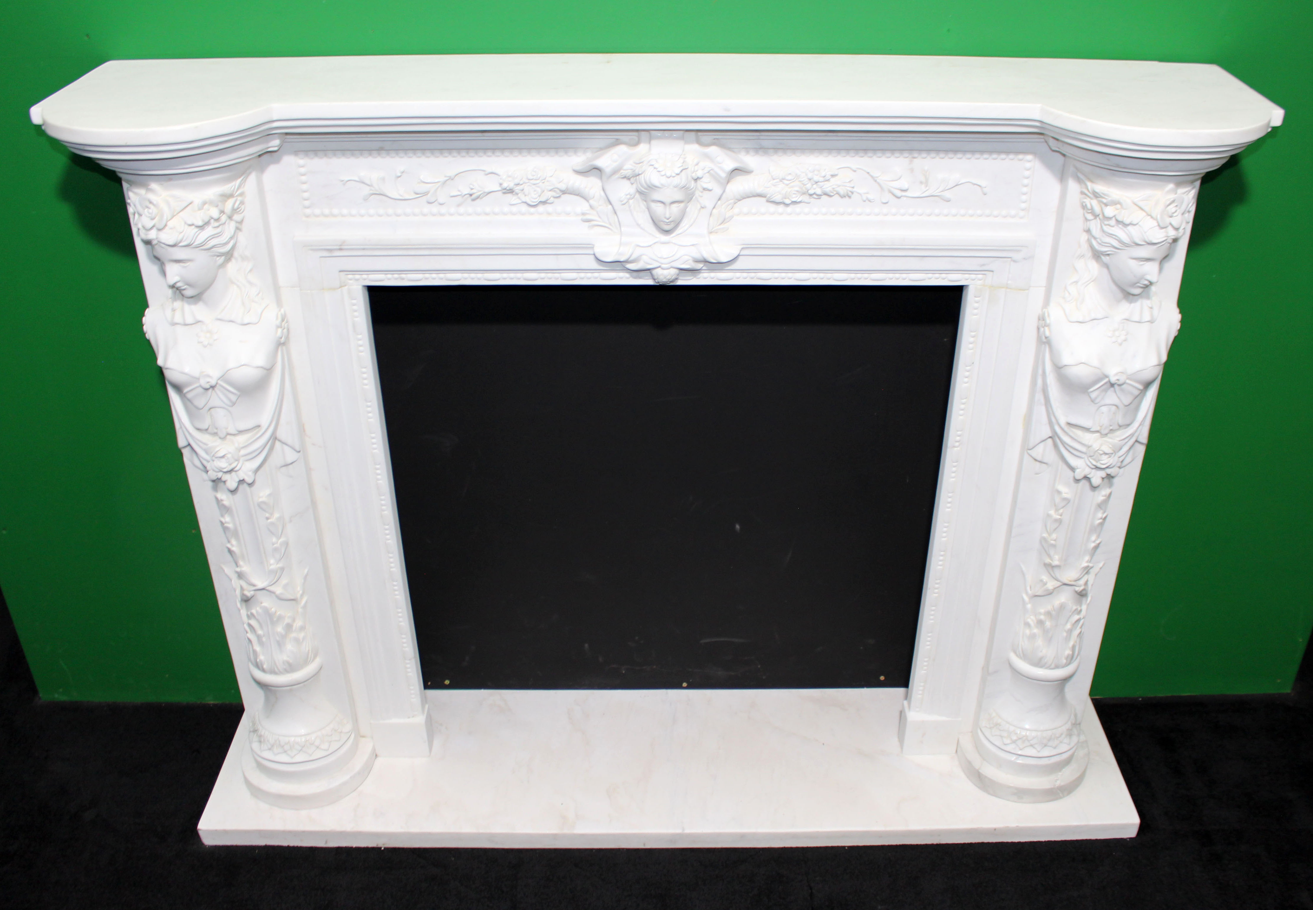 Fine Louis XVI Style Carved White Marble Fireplace Surround with Caryatid Figures