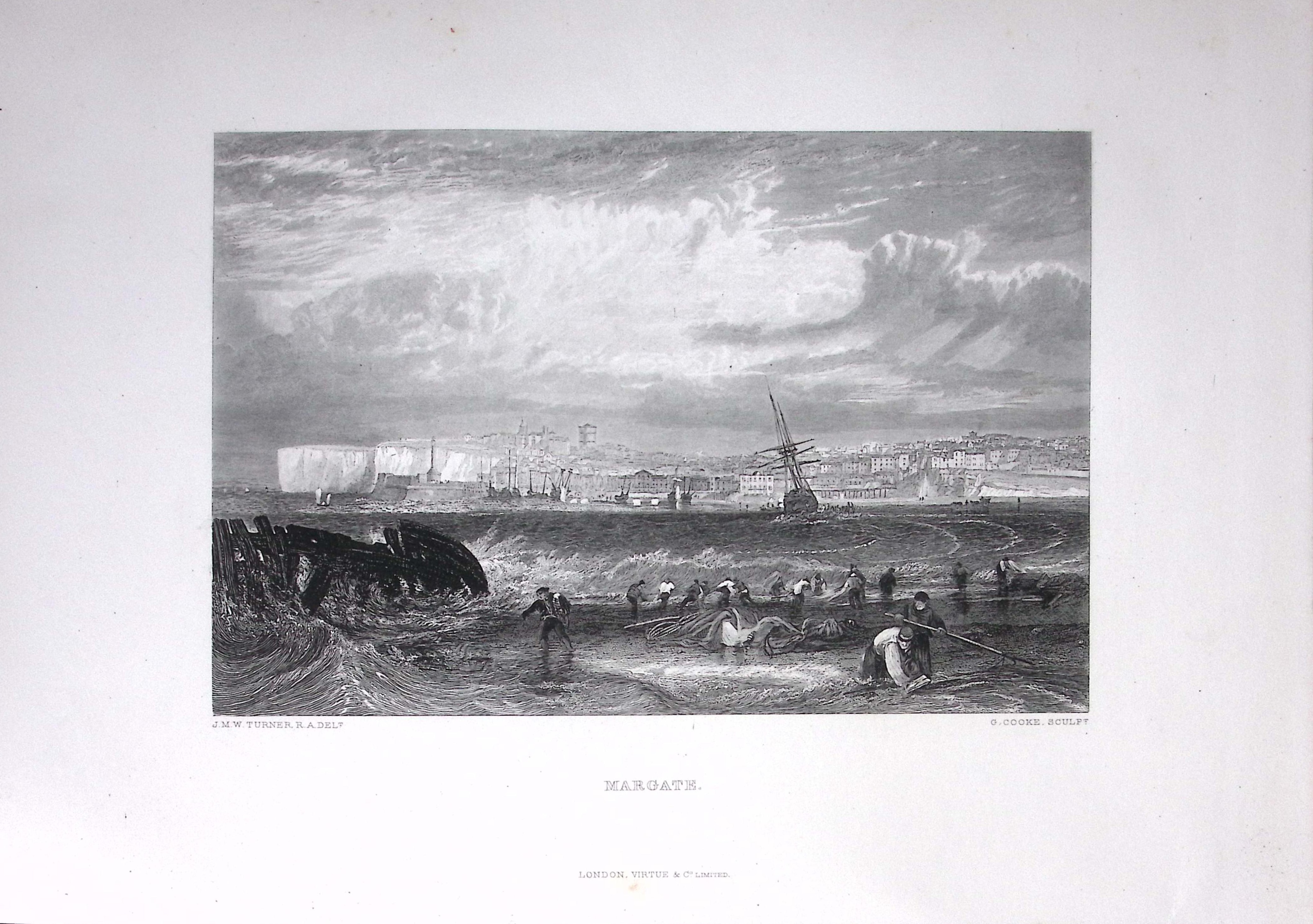 J.M.W Turner View of Margate Town & Beach Antique Steel Engraving-85-TR