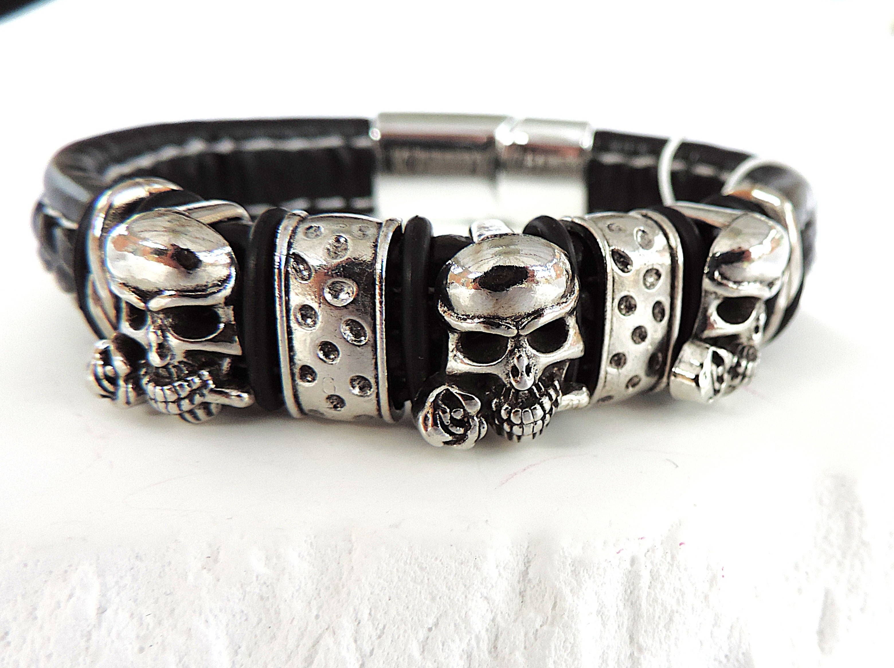 Aethon Black Leather Pirate Skulls Bracelet 'New'