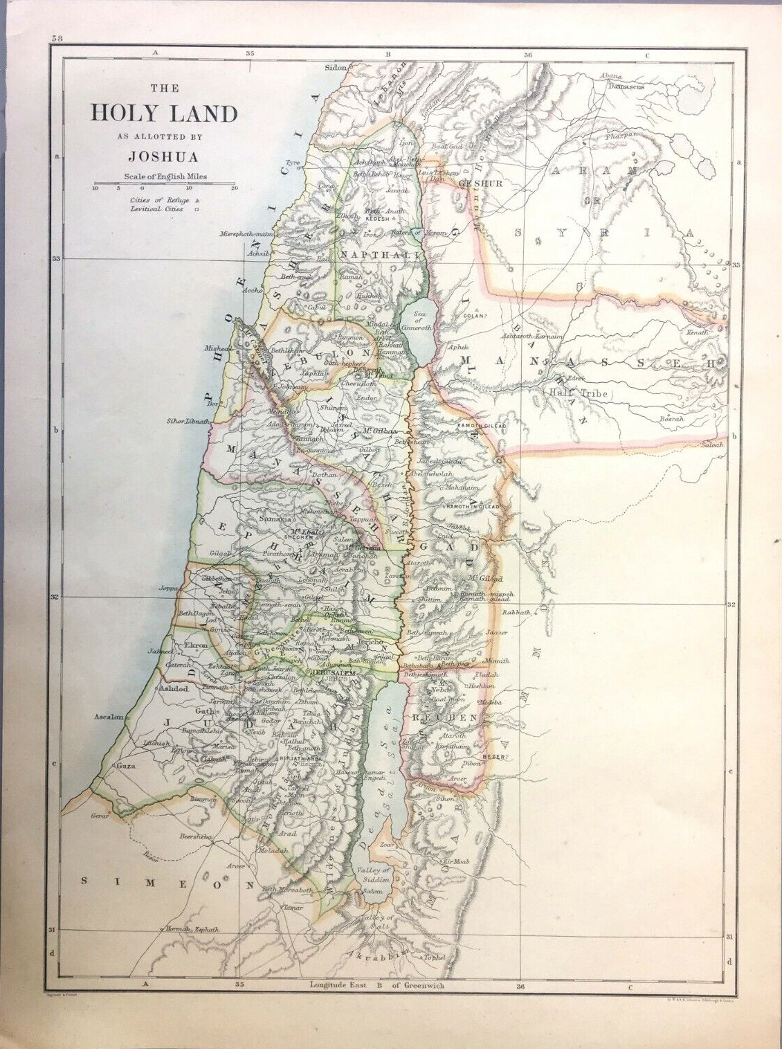 Antique Palestine  Religious Map of Holy Land As Allotted By Joshua.