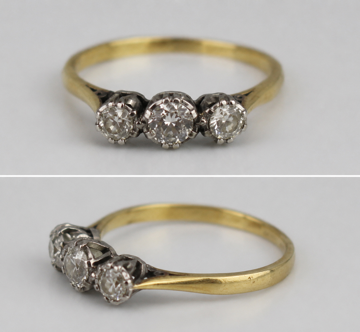 Antique Diamond Three-Stone Ring – 18ct Yellow Gold & Platinum c.1930