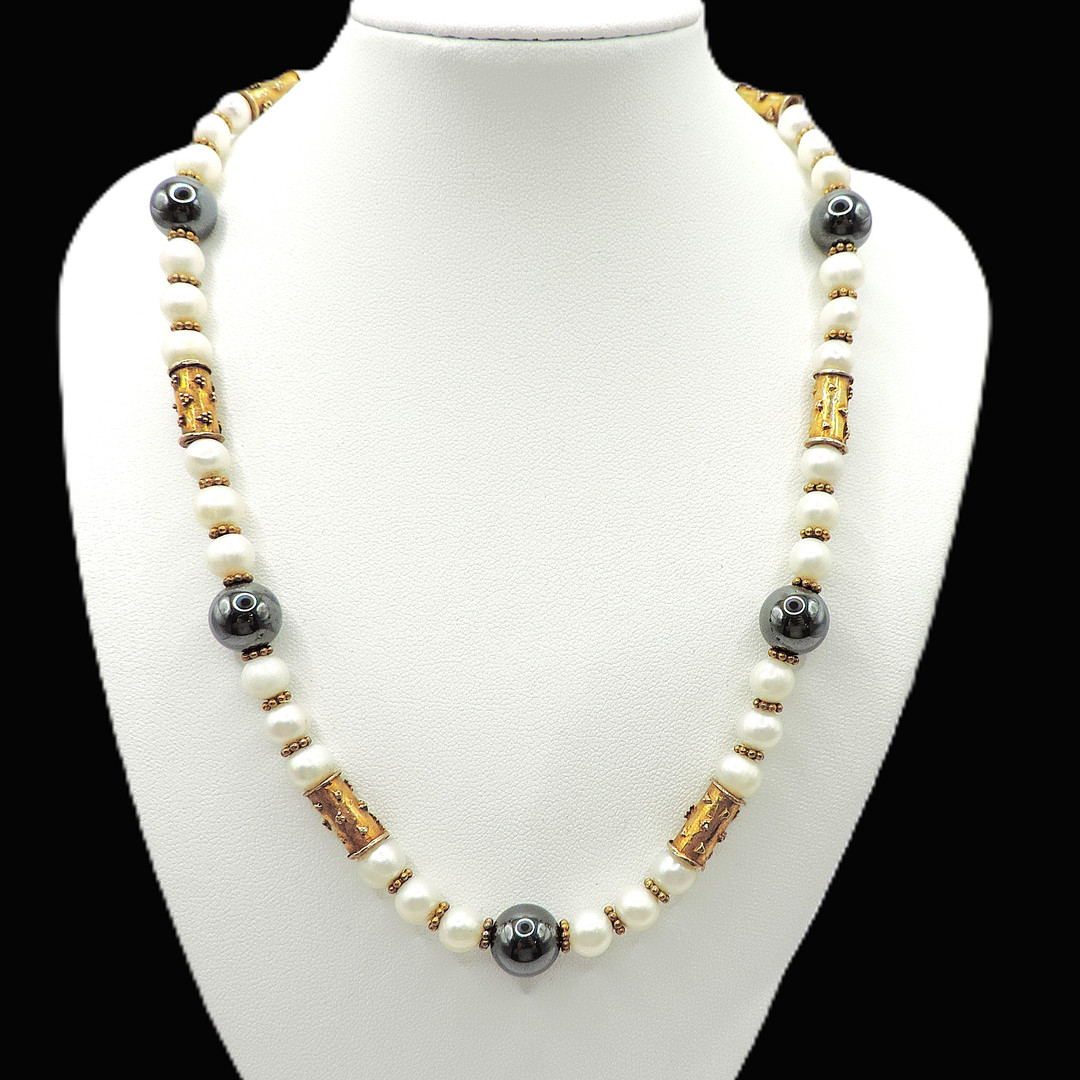 Akoya Cultured Pearl Necklace Gold On Silver Beads & Clasp