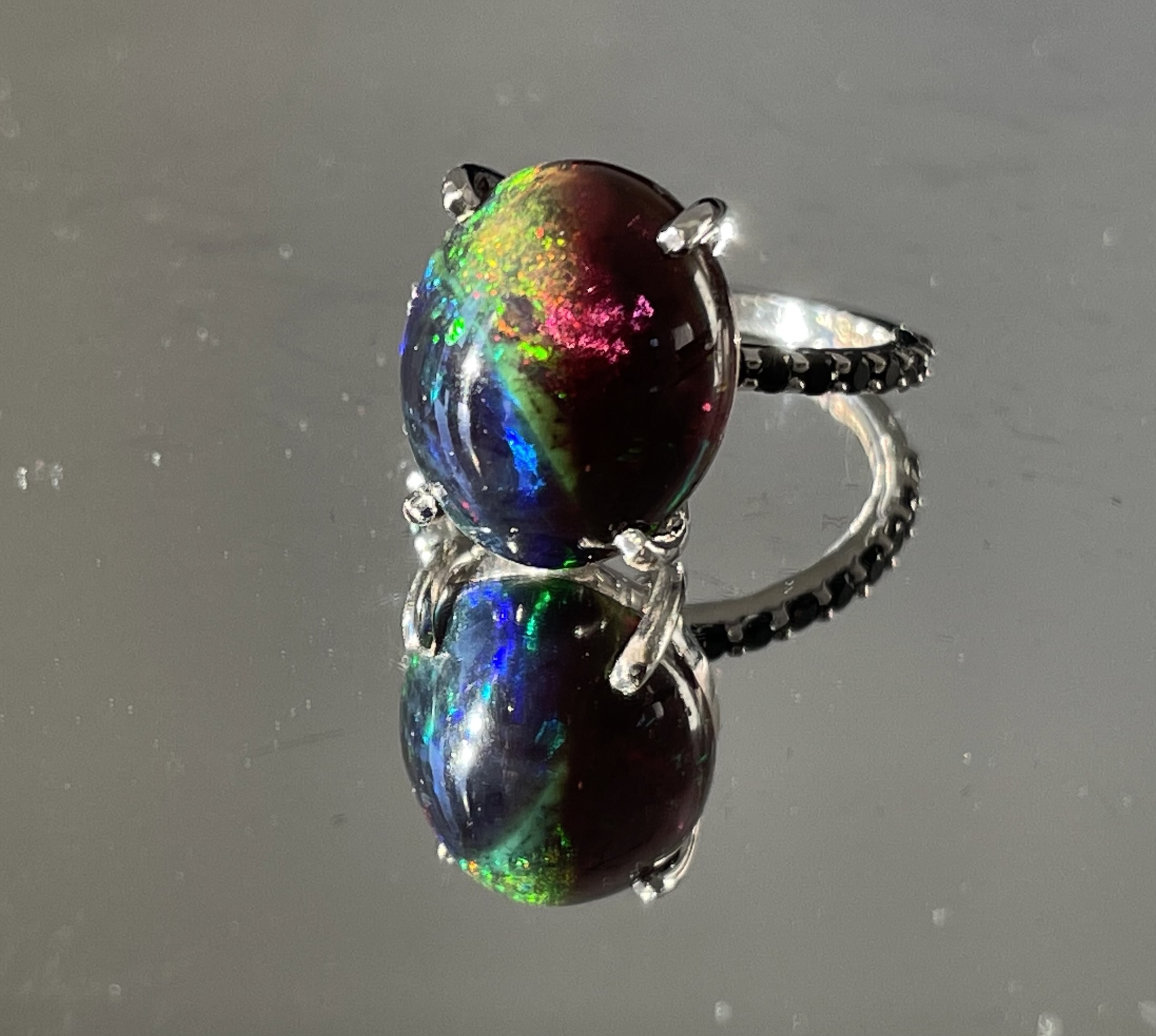Beautiful 7.45 CT Natural Black Opal Ring With Natural Black Diamond & 18k Gold