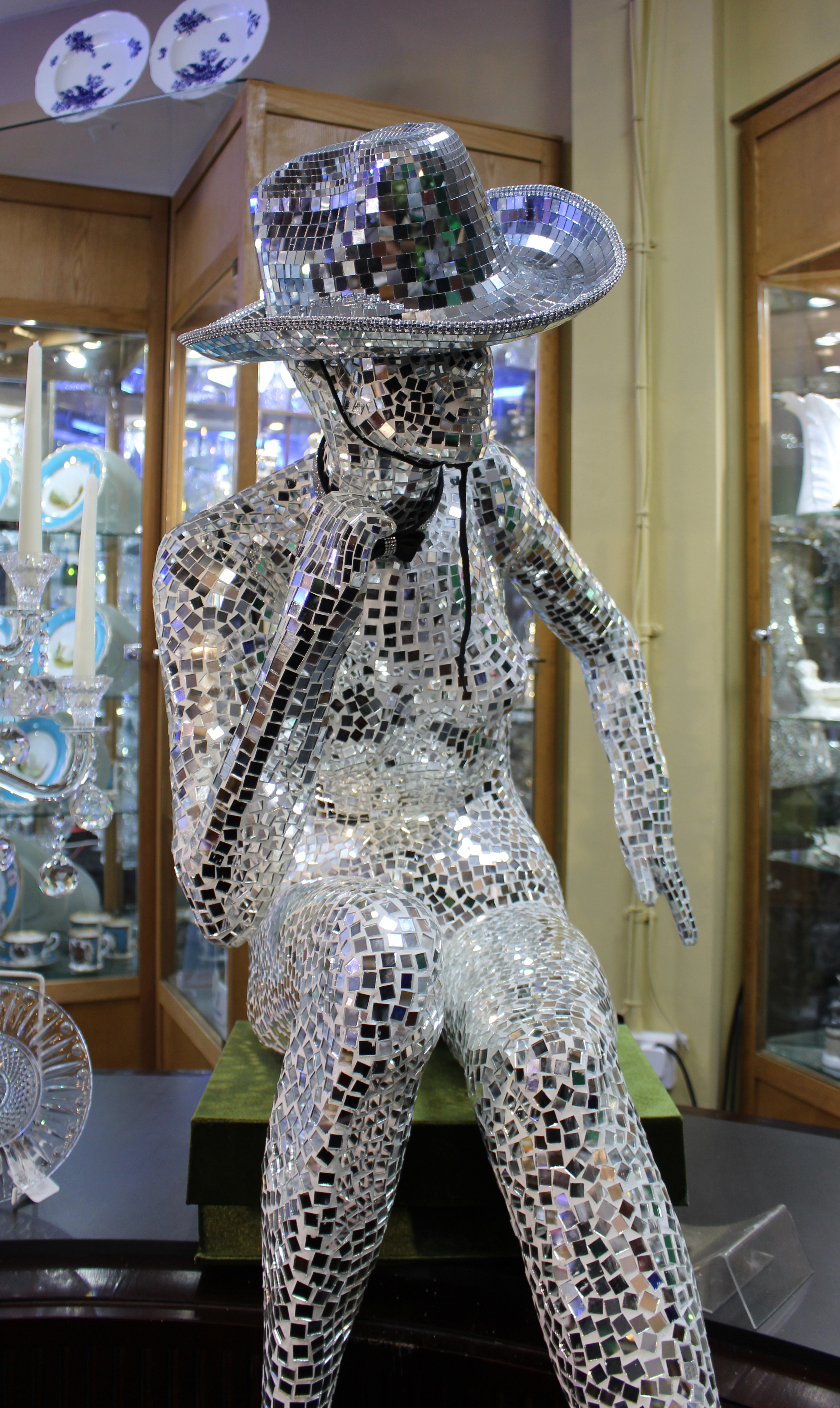 Large Mirrored Mosaic Female Figure Sculpture with Hat