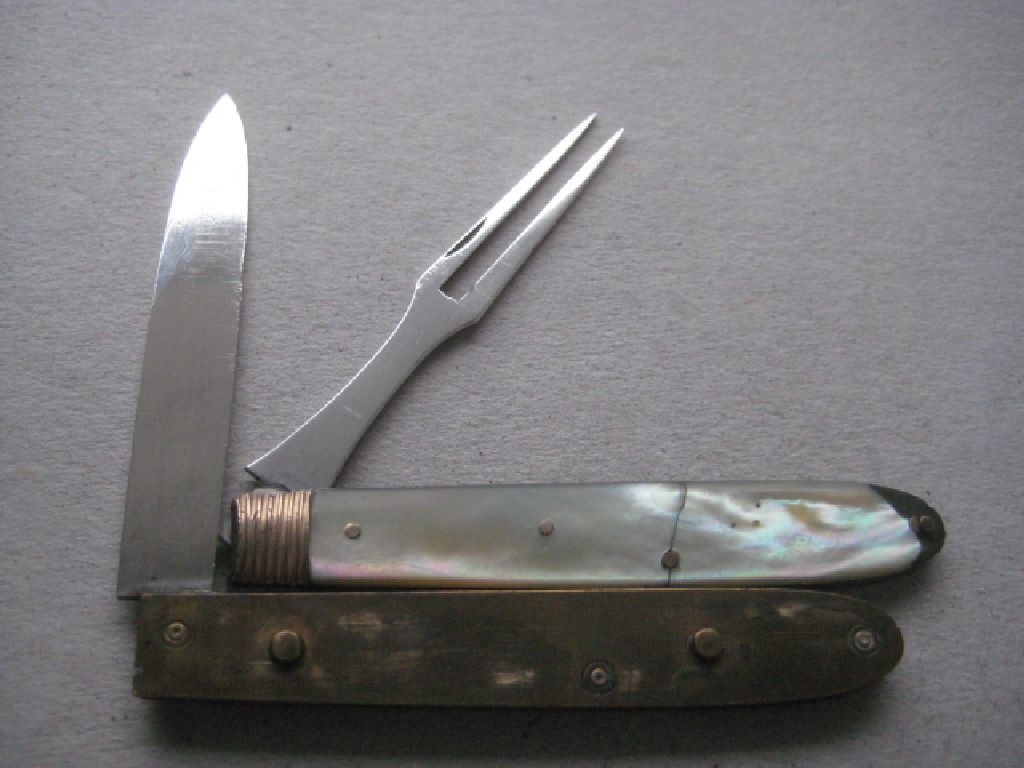 Rare George III Gold Mounted Slotting Silver Bladed Folding Fruit Knife and Folding Fork
