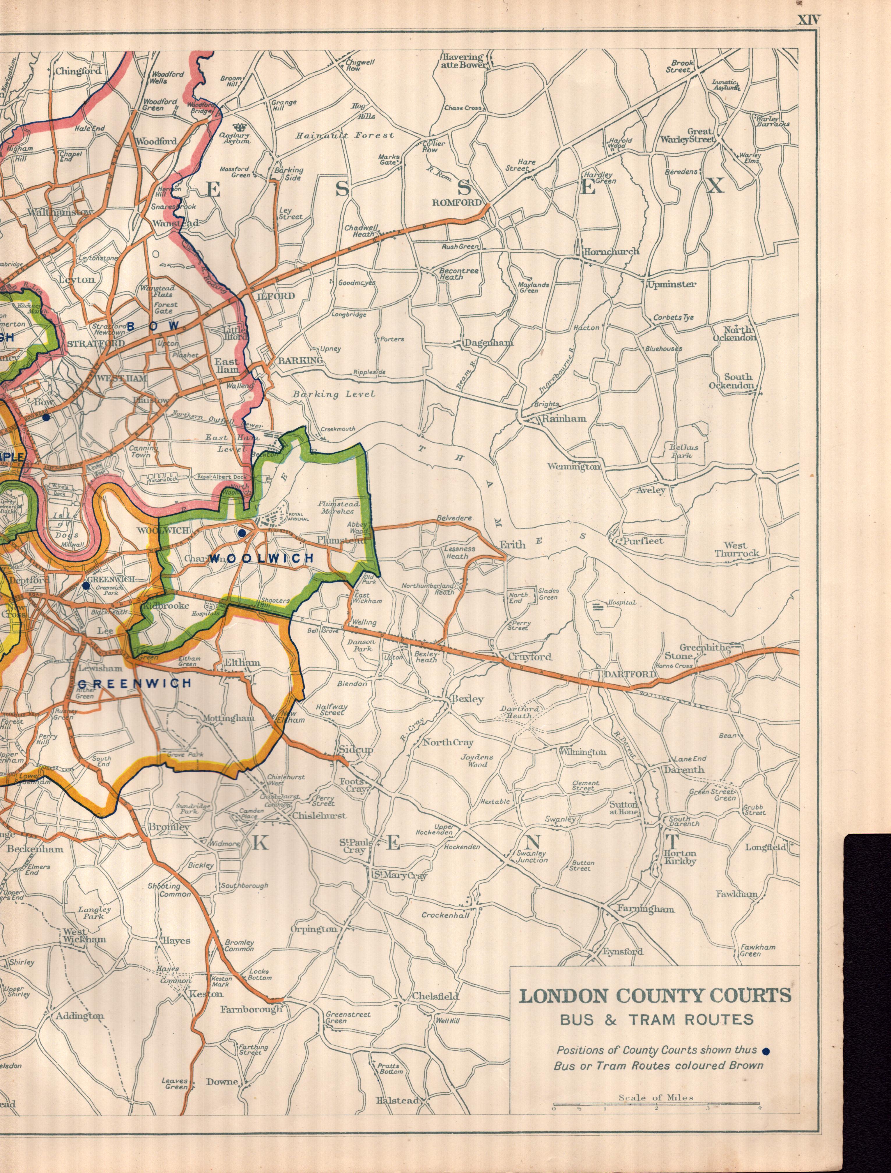 Bacons Vintage London County Courts Bus & Tram Routes Map.