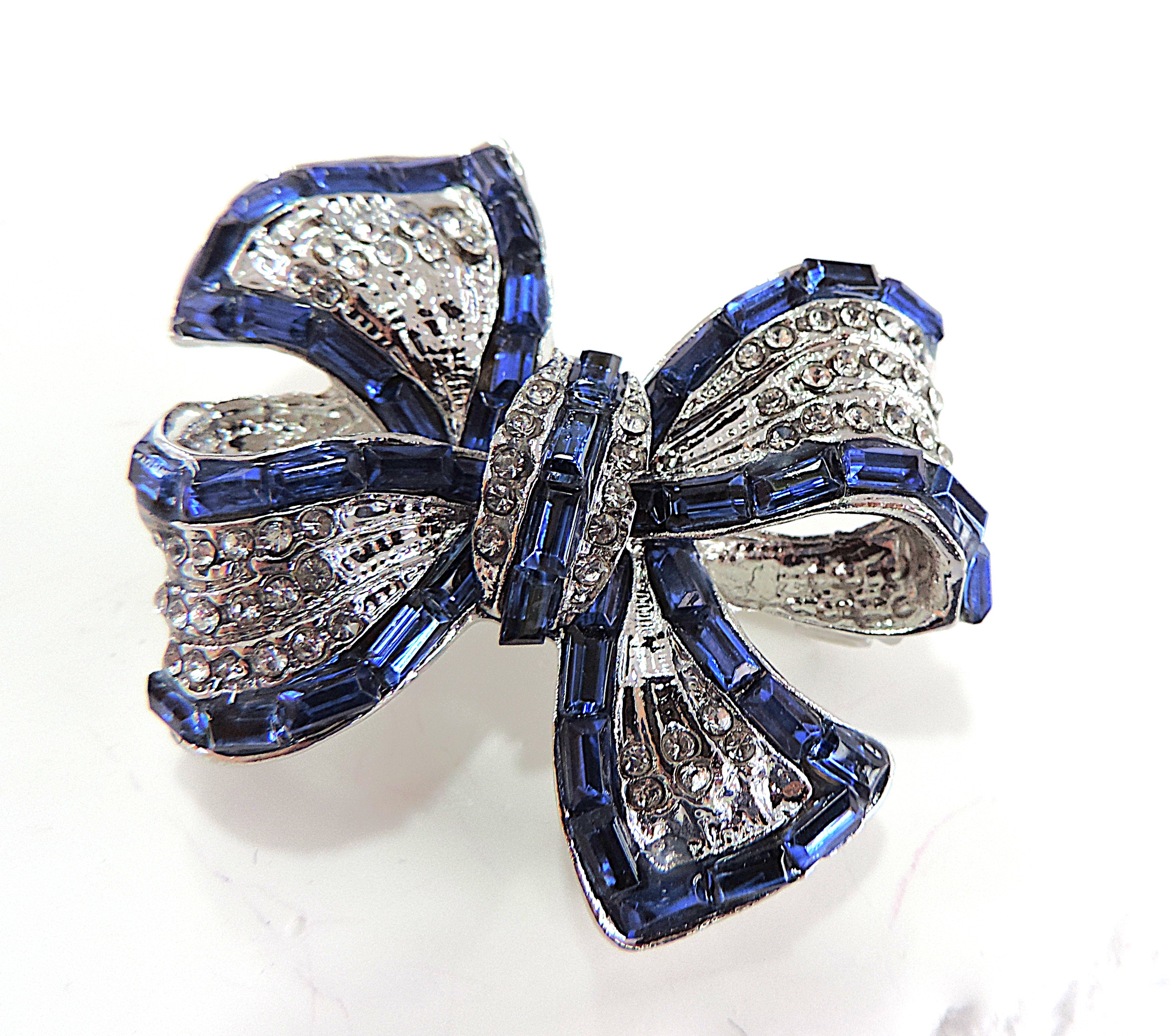 Blue & White Crystal Bow Brooch