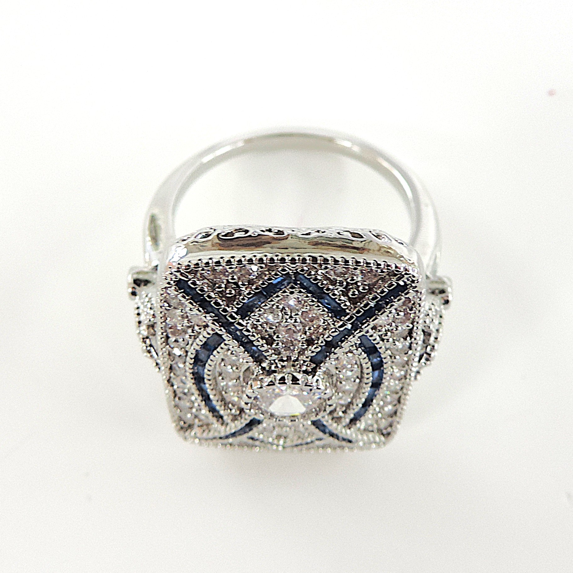 Art Deco Style Blue & White Gemstone Ring with Gift Box