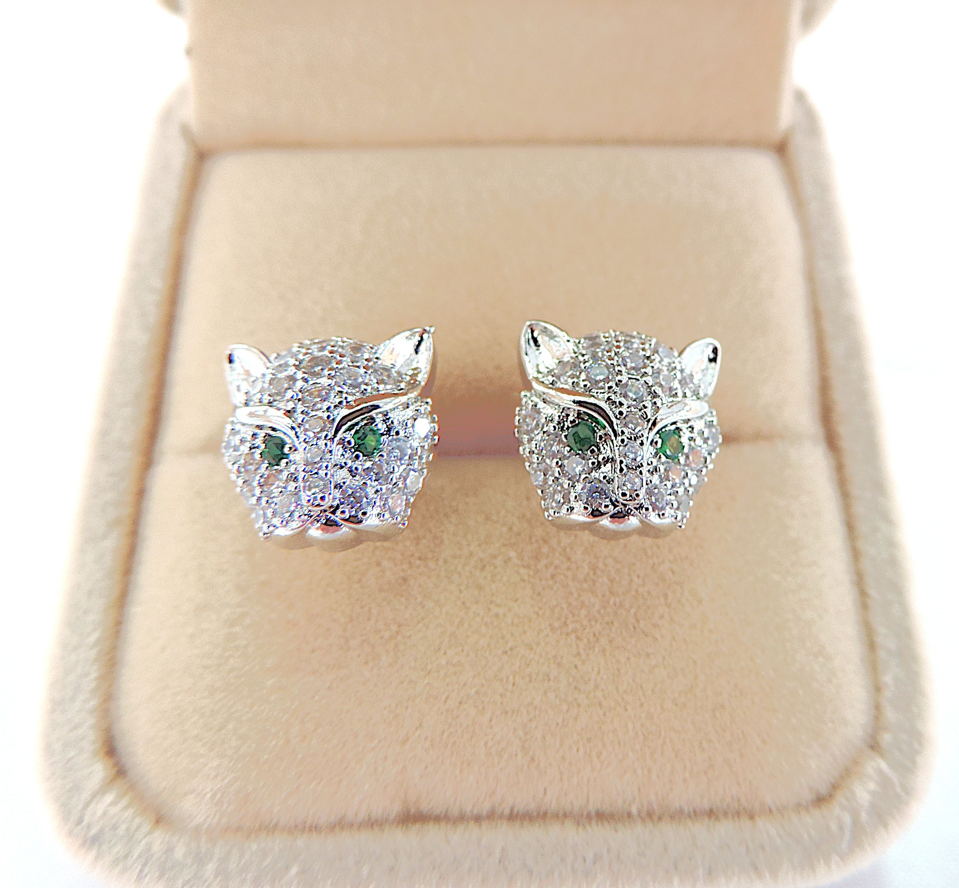 White Zircon Gemstone Panther Head Stud Earrings 'New'