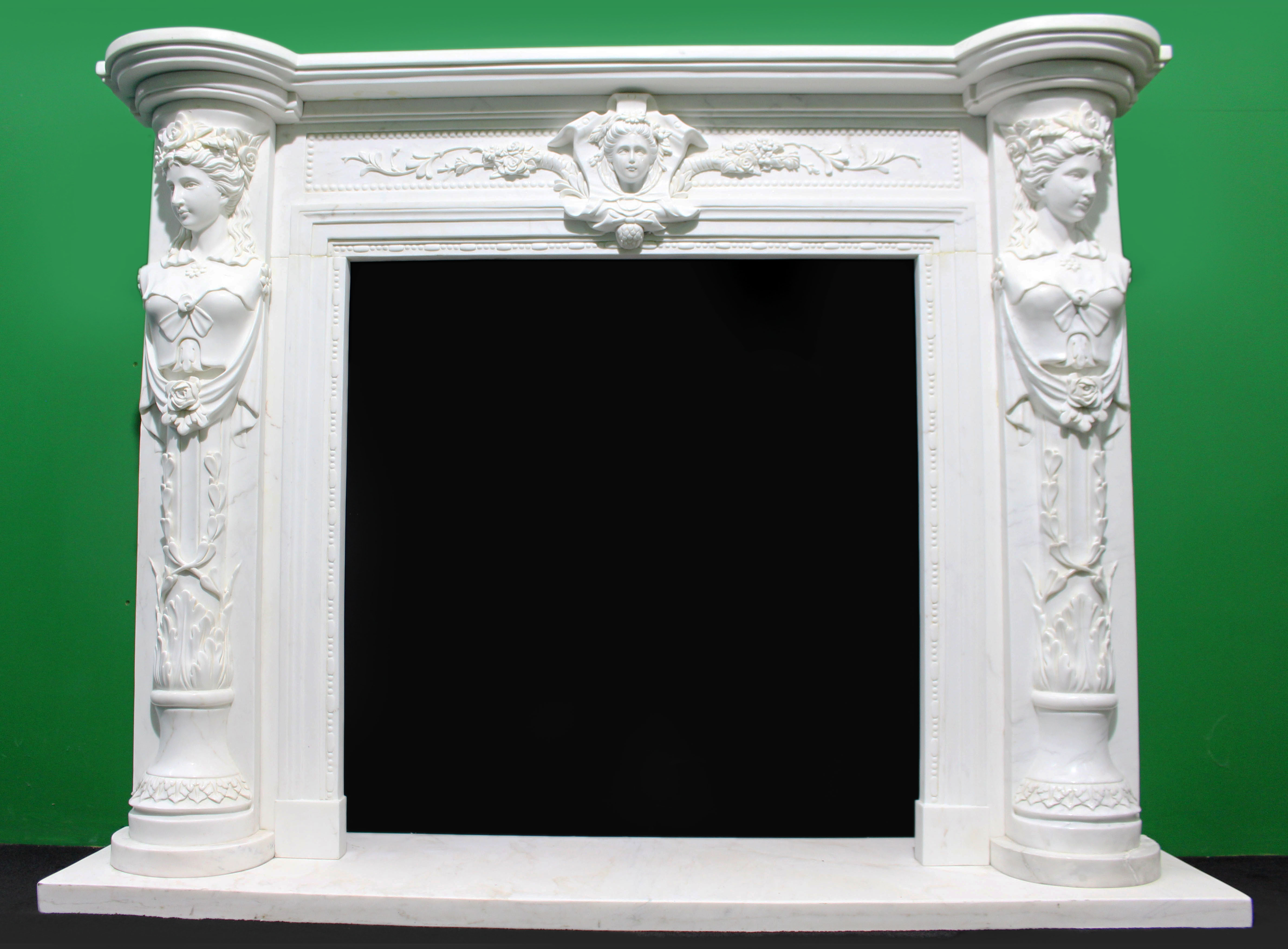 Fine Louis XVI Style Carved White Marble Fireplace Surround with Caryatid Figures