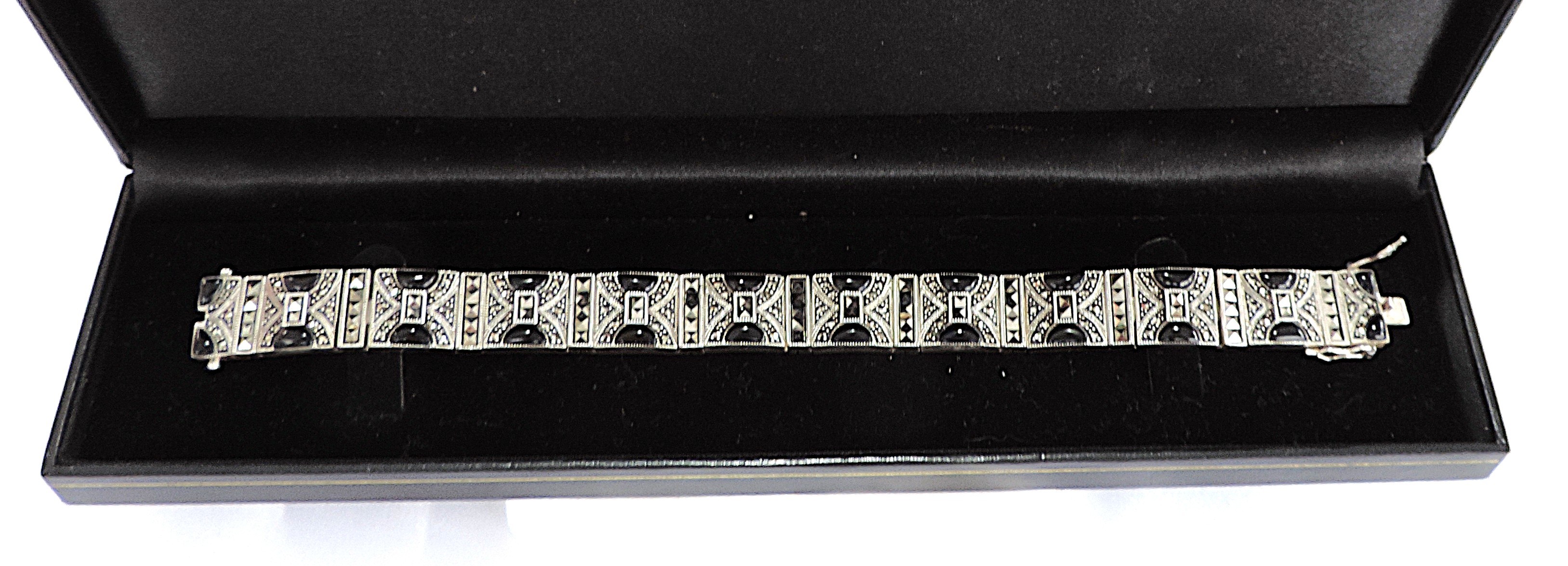 Artisan Art Deco 925 Silver Black Jet & Marcasite Bracelet 46.5 grams