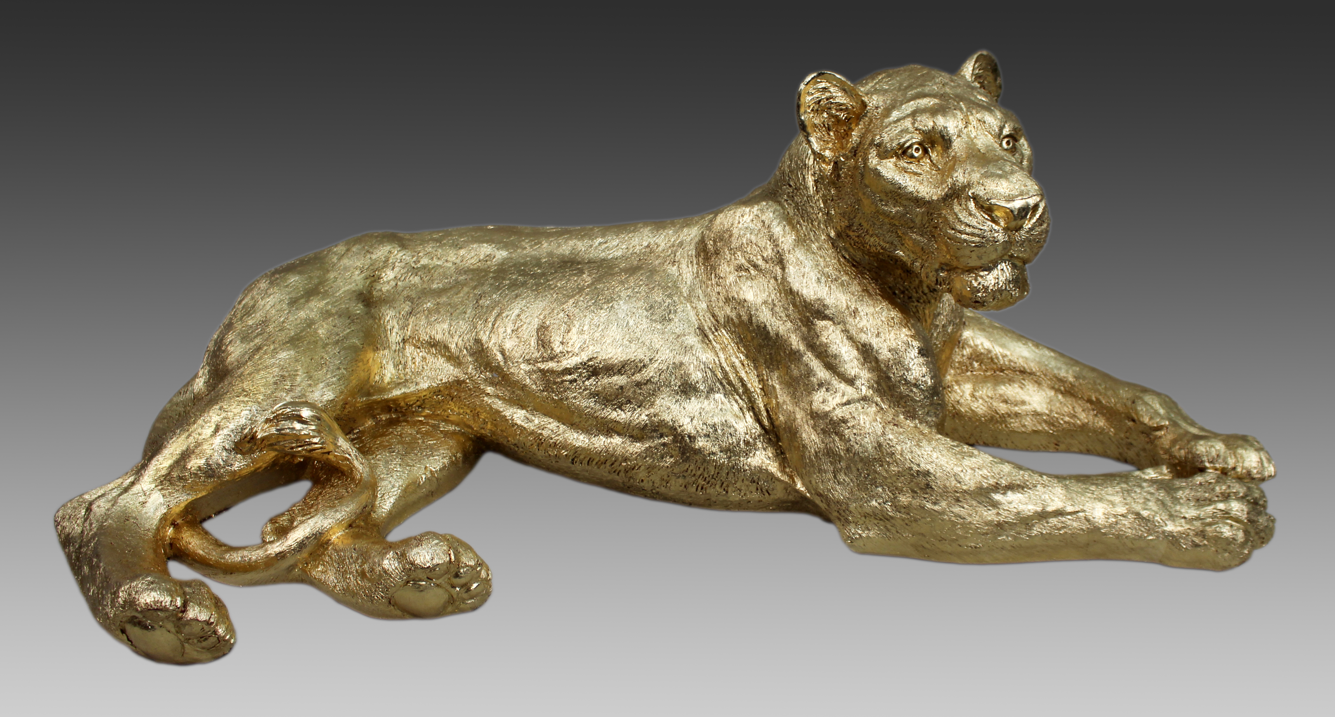 Large Reclining Lioness Sculpture Resin with Hand-Applied Gold Leaf Finish
